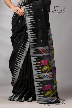 Black Matka Silk Moirangphee Handwoven Jamdani Saree