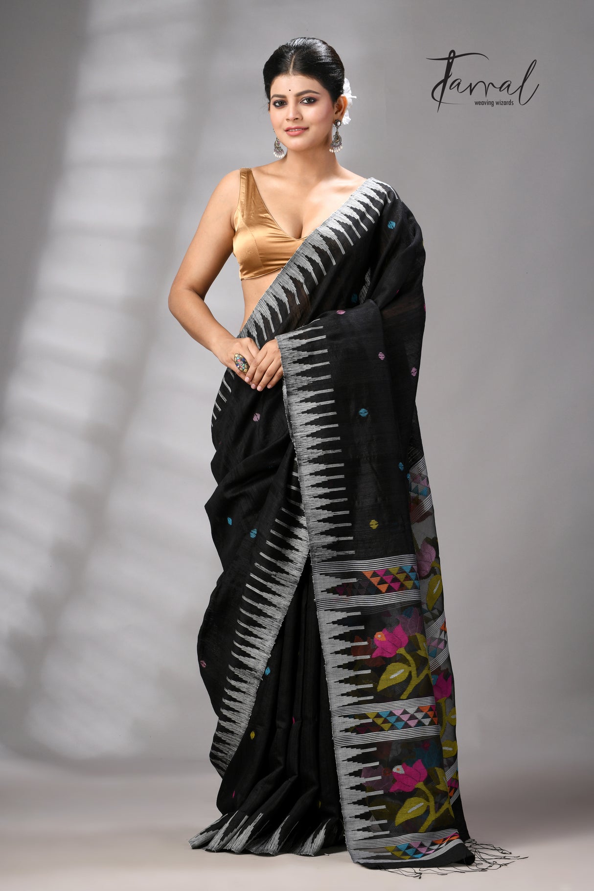 Black Matka Silk Moirangphee Handwoven Jamdani Saree