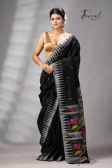 Black matka silk Moirangphee handwoven jamdani saree