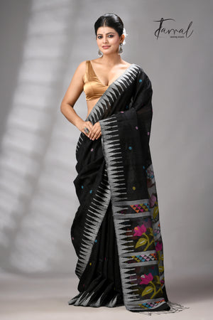 Black Matka Silk Moirangphee Handwoven Jamdani Saree