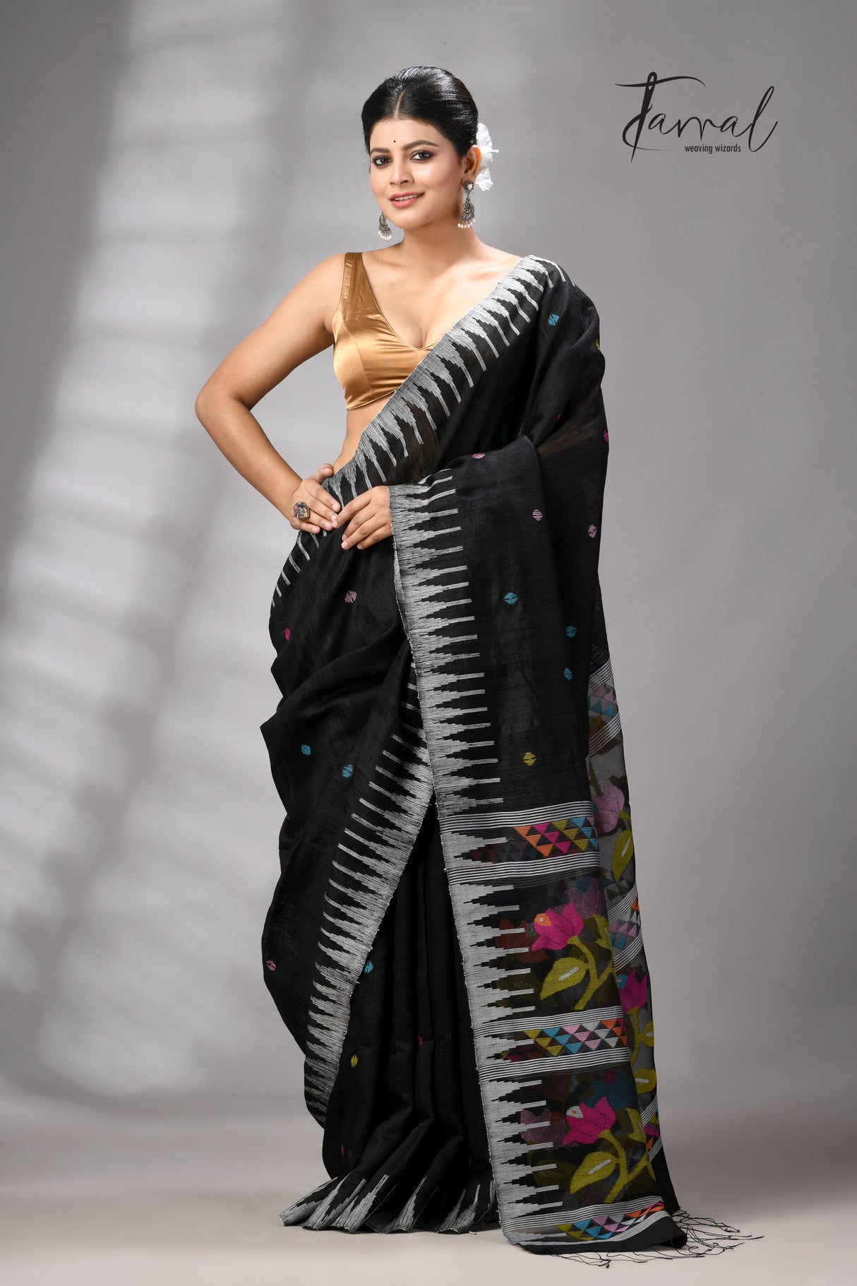 Black Matka Silk Moirangphee Handwoven Jamdani Saree