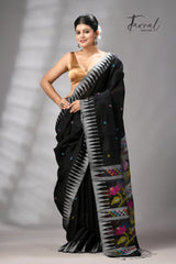 Black matka silk Moirangphee handwoven jamdani saree