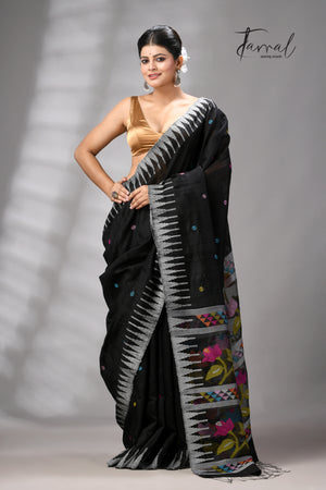 Black Matka Silk Moirangphee Handwoven Jamdani Saree