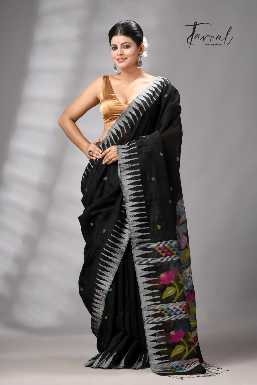 Black matka silk Moirangphee handwoven jamdani saree