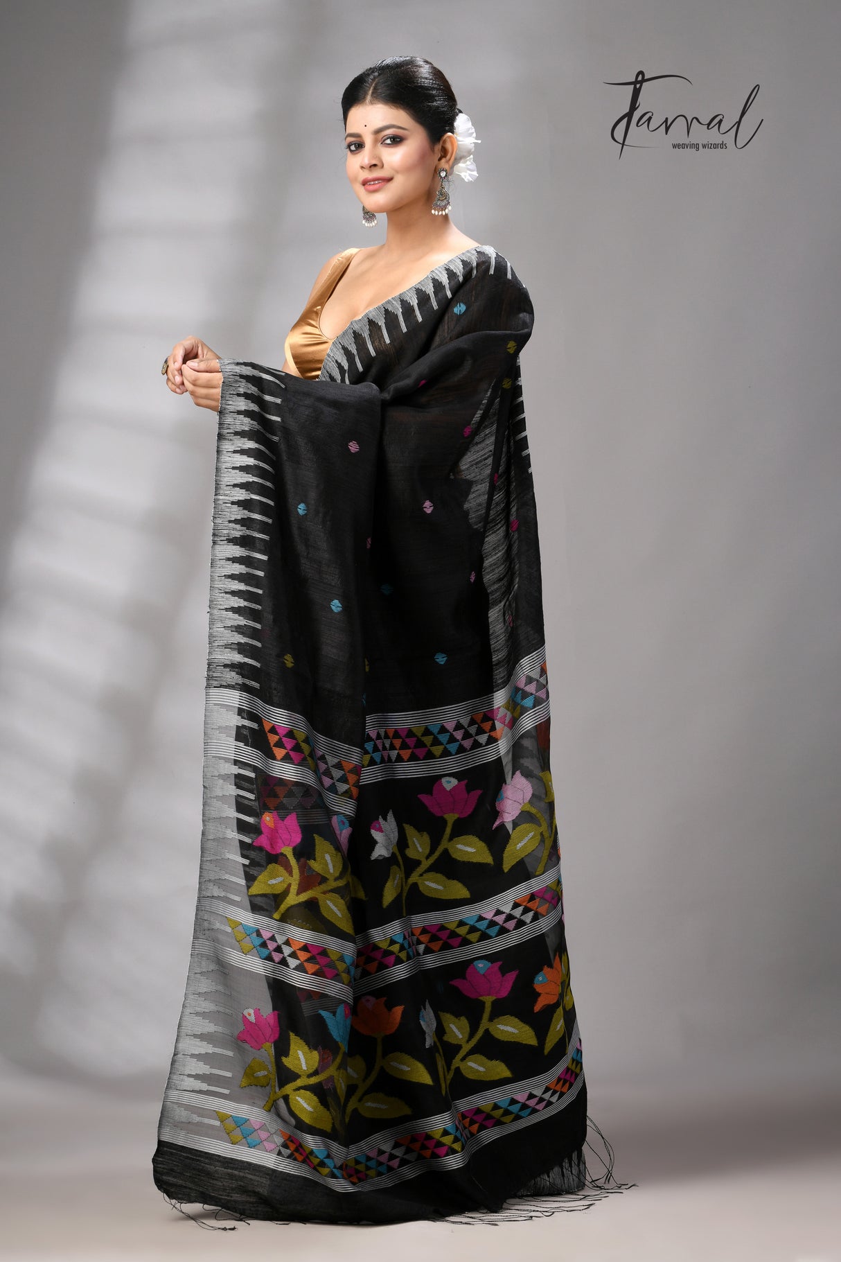 Black Matka Silk Moirangphee Handwoven Jamdani Saree