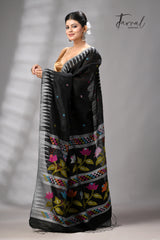 Black matka silk Moirangphee handwoven jamdani saree