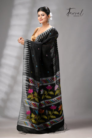 Black Matka Silk Moirangphee Handwoven Jamdani Saree