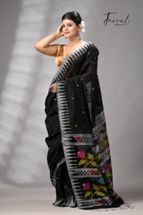 Black matka silk Moirangphee handwoven jamdani saree