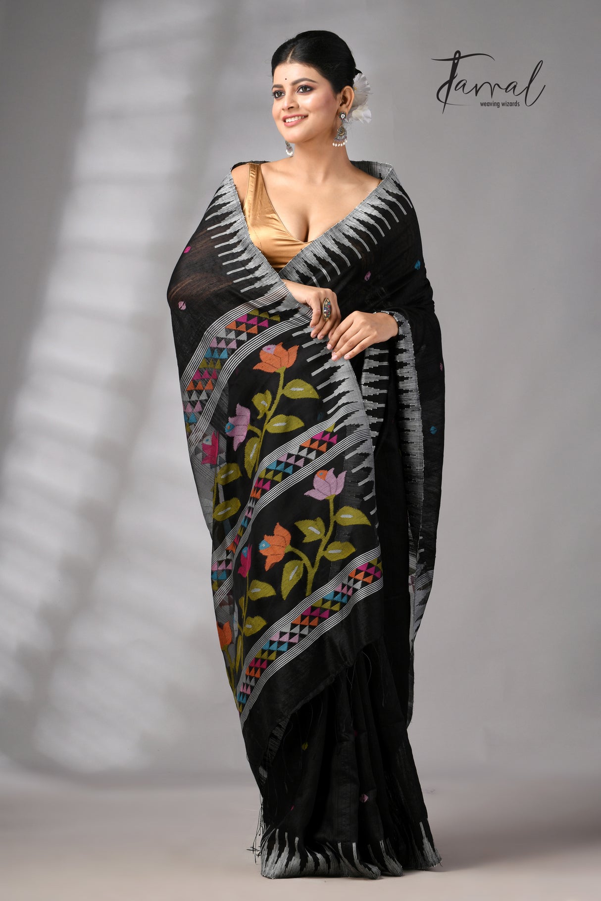 Black Matka Silk Moirangphee Handwoven Jamdani Saree