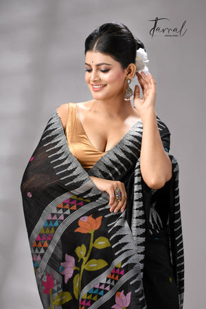 Black Matka Silk Moirangphee Handwoven Jamdani Saree