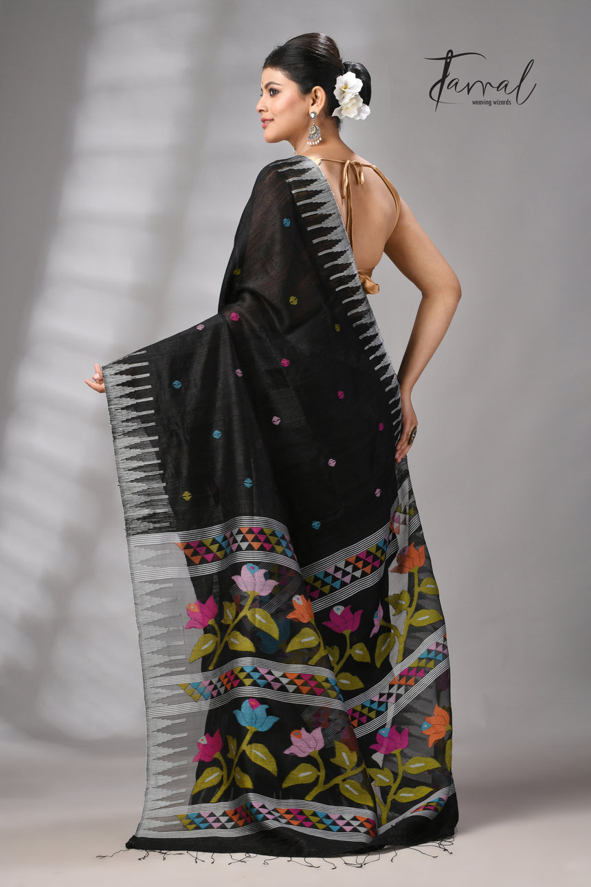 Black matka silk Moirangphee handwoven jamdani saree