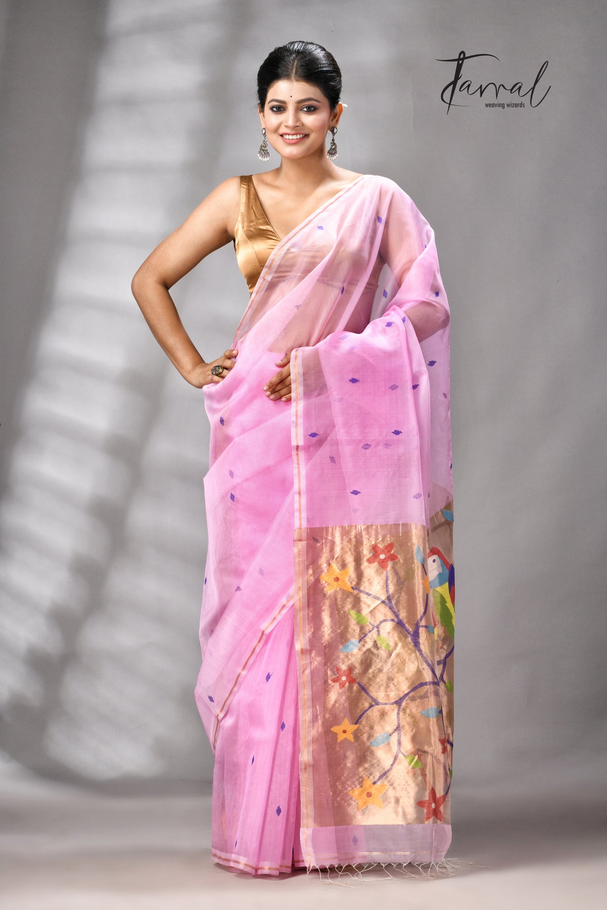 Pink with golden Zari pathani handwoven jamdani saree