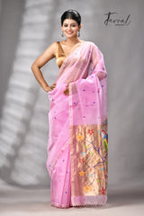 Pink with golden Zari pathani handwoven jamdani saree