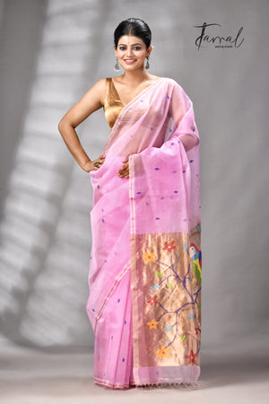 Pink with golden Zari pathani handwoven jamdani saree
