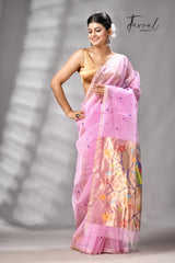 Pink with golden Zari pathani handwoven jamdani saree
