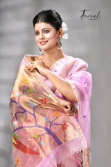 Pink with golden Zari pathani handwoven jamdani saree