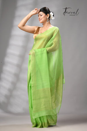 Light Green With Golden Sequins Handwoven Muslin Silk Saree