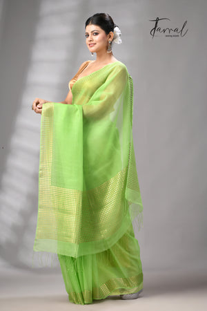 Light Green With Golden Sequins Handwoven Muslin Silk Saree