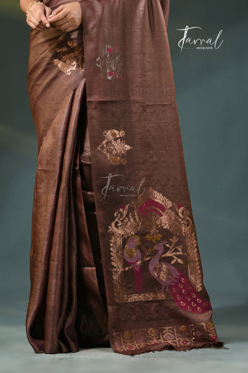 Chocolate brown with golden zari work tussar silk handloom jamdani saree