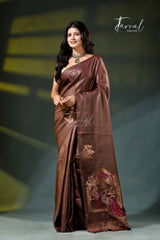 Chocolate brown with golden zari work tussar silk handloom jamdani saree
