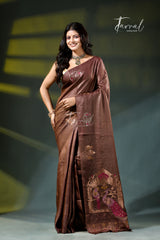 Chocolate brown with golden zari work tussar silk handloom jamdani saree