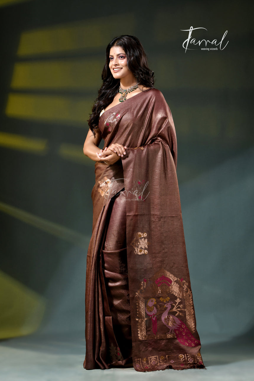 Chocolate brown with golden zari work tussar silk handloom jamdani saree