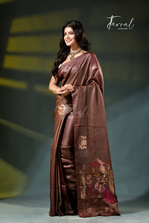 Chocolate brown with golden zari work tussar silk handloom jamdani saree