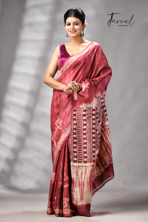 Rust Colour Pure Tussar Silk Shibori Handloom Saree