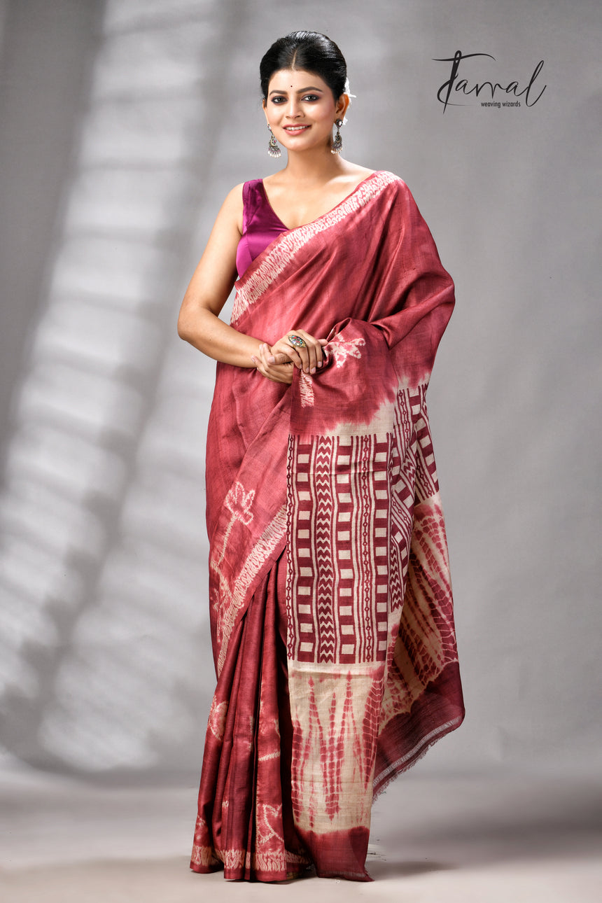 Rust Colour Pure Tussar Silk Shibori Handloom Saree
