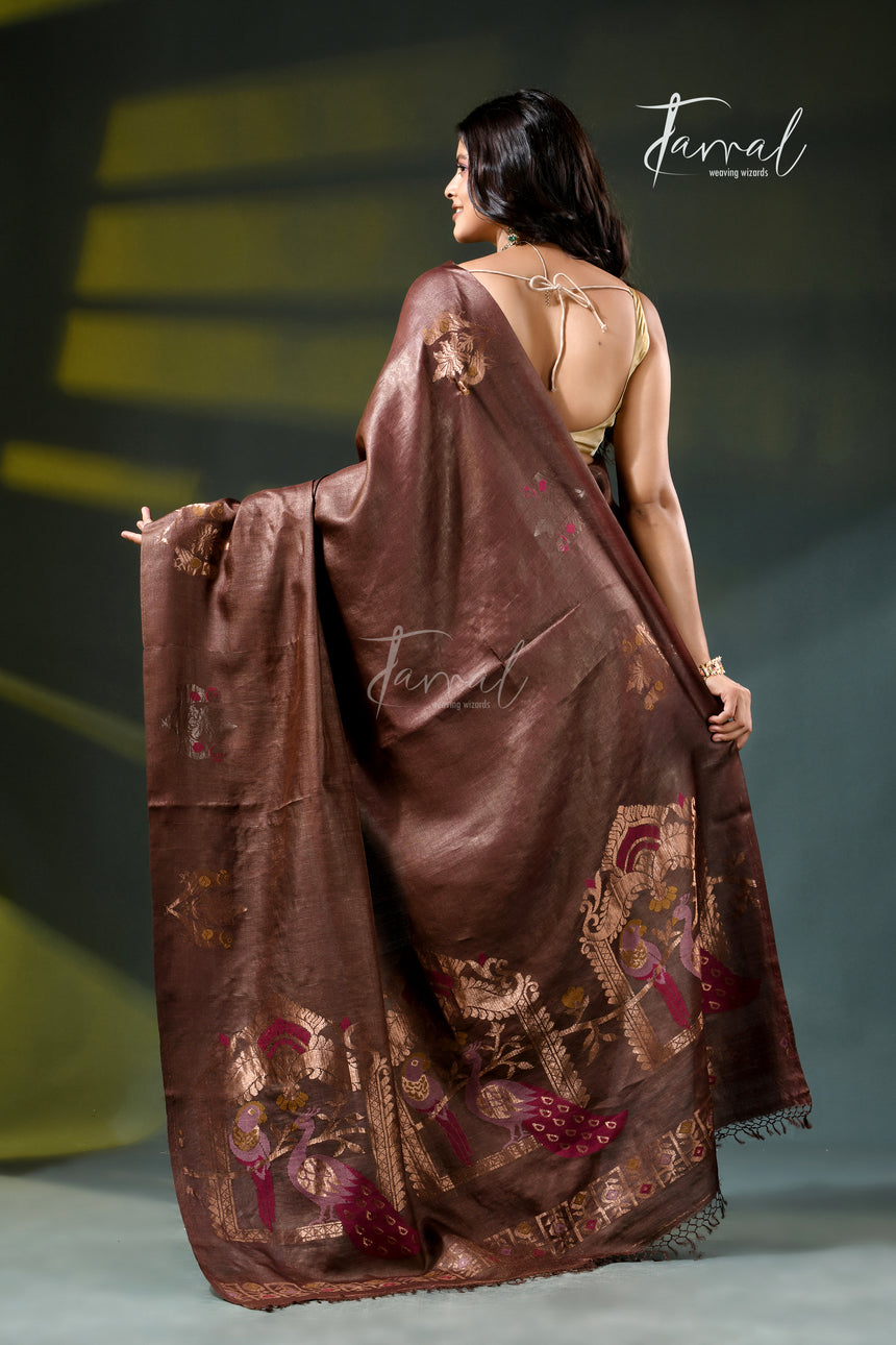 Chocolate brown with golden zari work tussar silk handloom jamdani saree