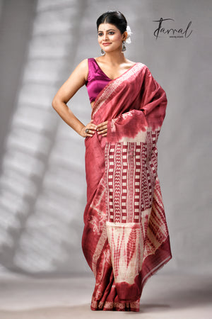 Rust Colour Pure Tussar Silk Shibori Handloom Saree