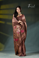 Chocolate brown with golden zari work tussar silk handloom jamdani saree