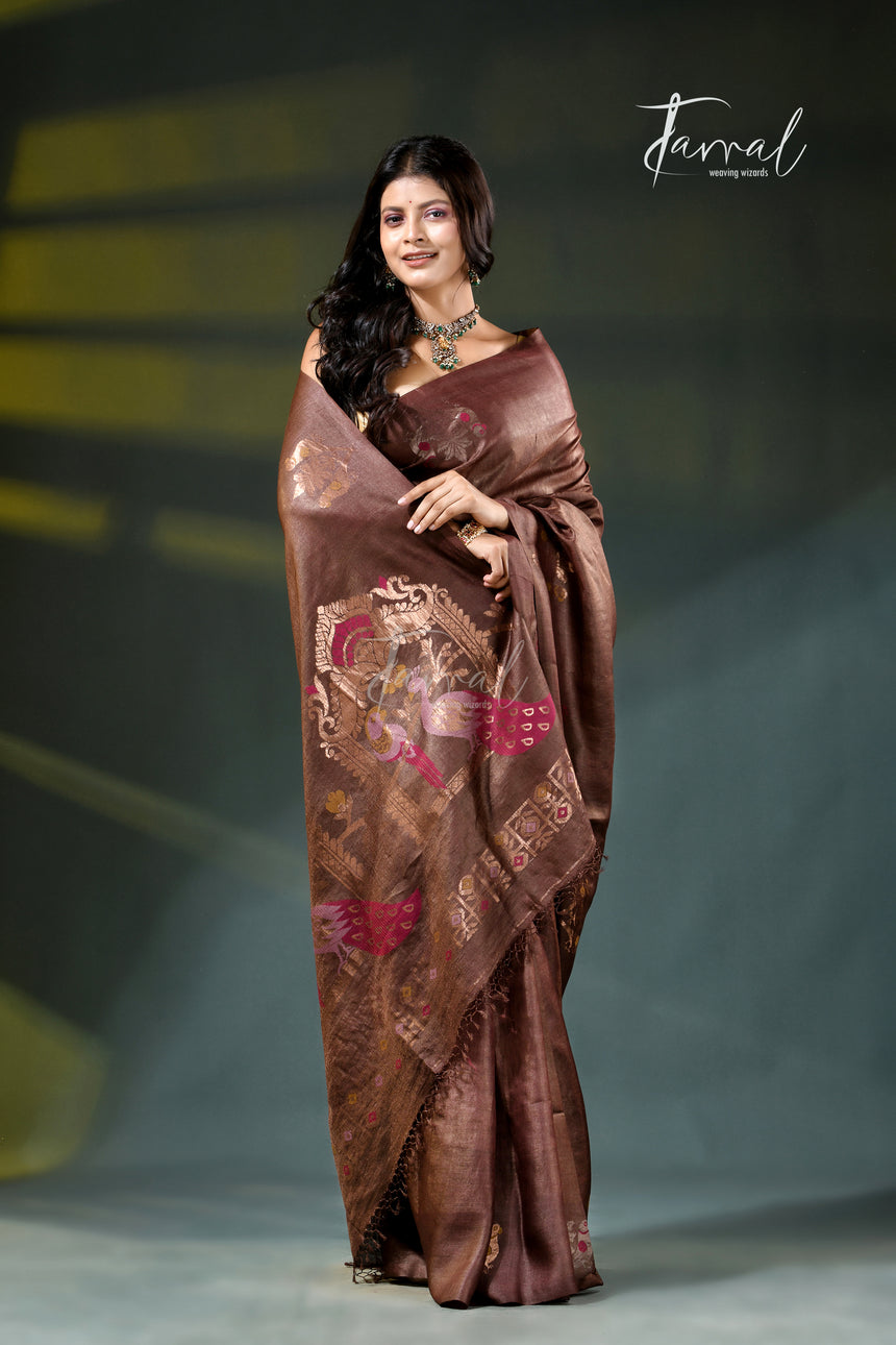 Chocolate brown with golden zari work tussar silk handloom jamdani saree