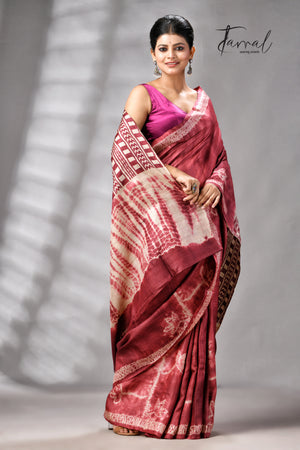 Rust Colour Pure Tussar Silk Shibori Handloom Saree