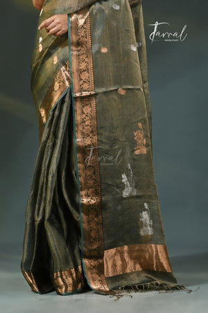 Alive green with golden zari border pure tissue muslin silk handloom jamdani saree