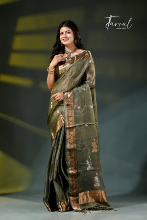 Alive green with golden zari border pure tissue muslin silk handloom jamdani saree