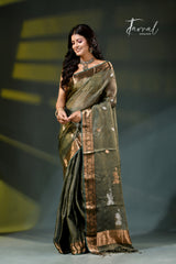 Olive green with gold tissue banarasi handloom silk saree
