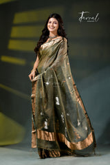 Olive green with gold tissue banarasi handloom silk saree
