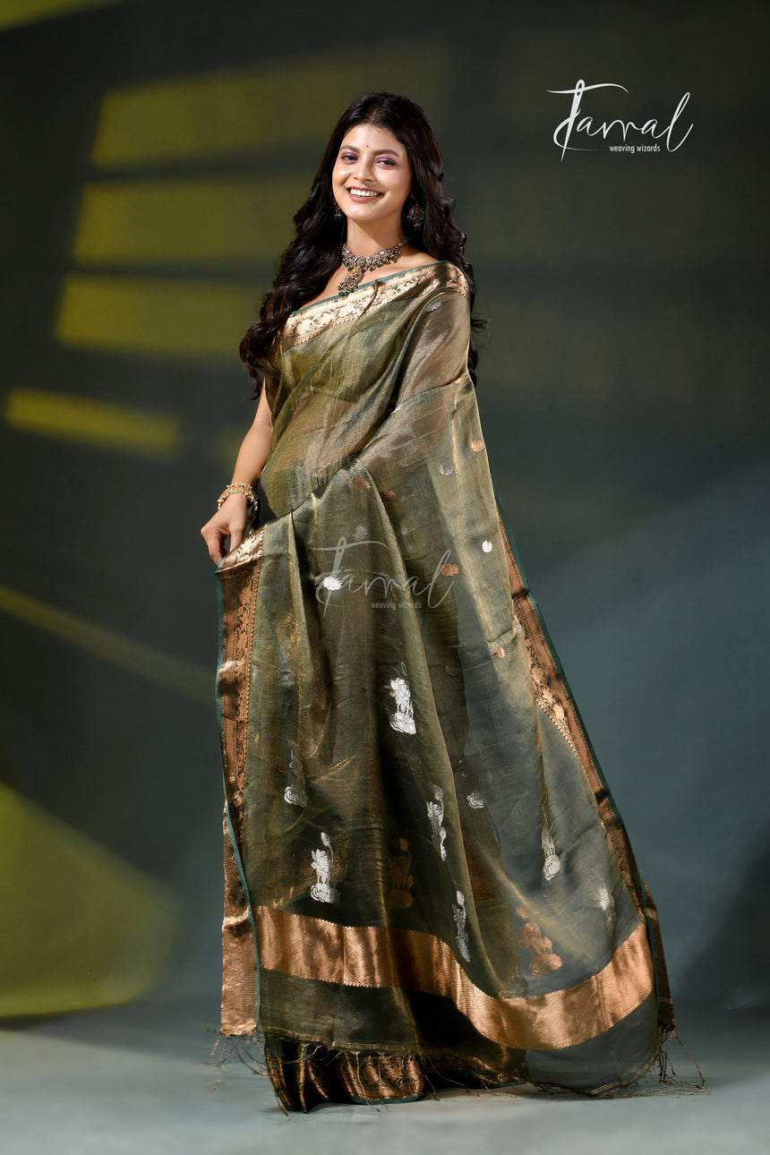 Olive green with gold tissue banarasi handloom silk saree