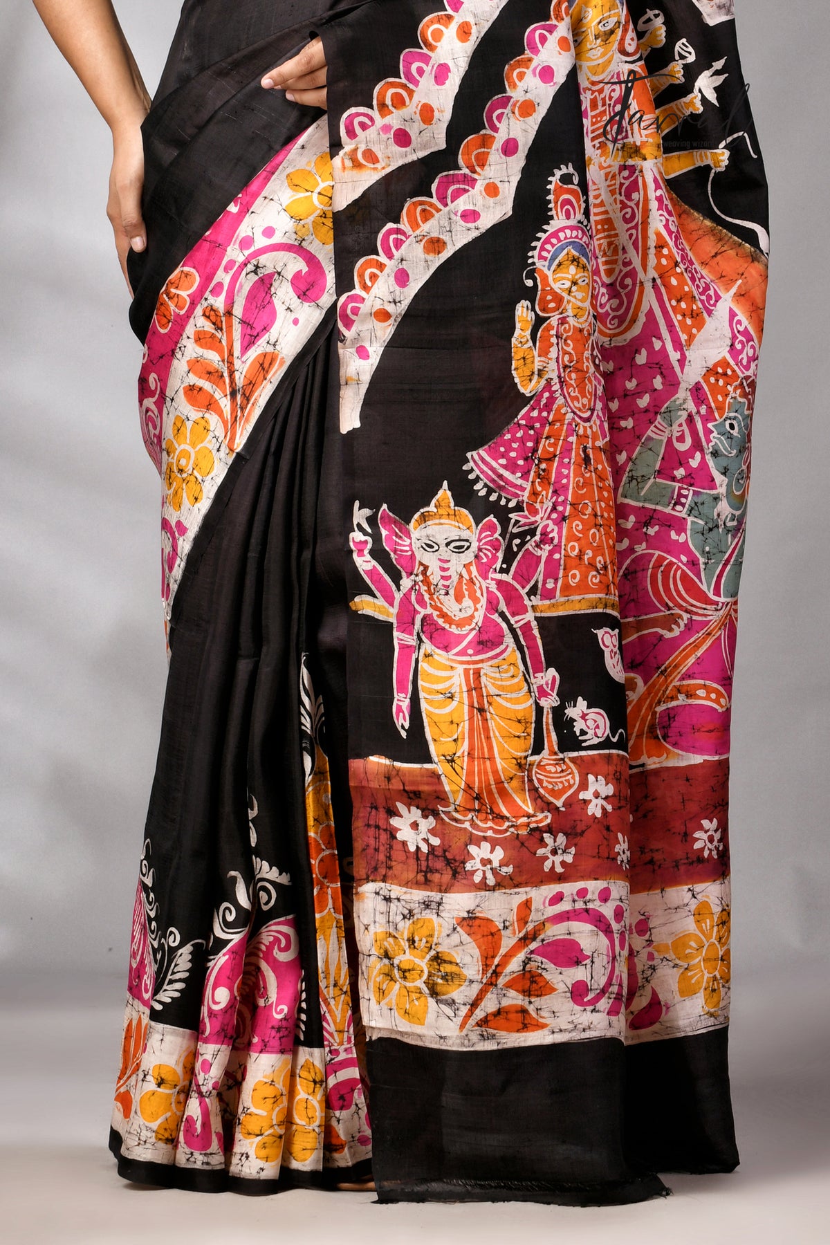 Black Handcrafted Wax Batik Maa Durga Theme Pure Silk Saree