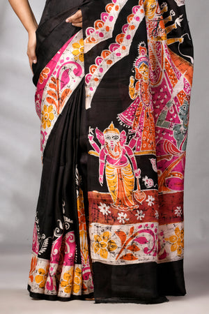 Black Handcrafted Wax Batik Maa Durga Theme Pure Silk Saree