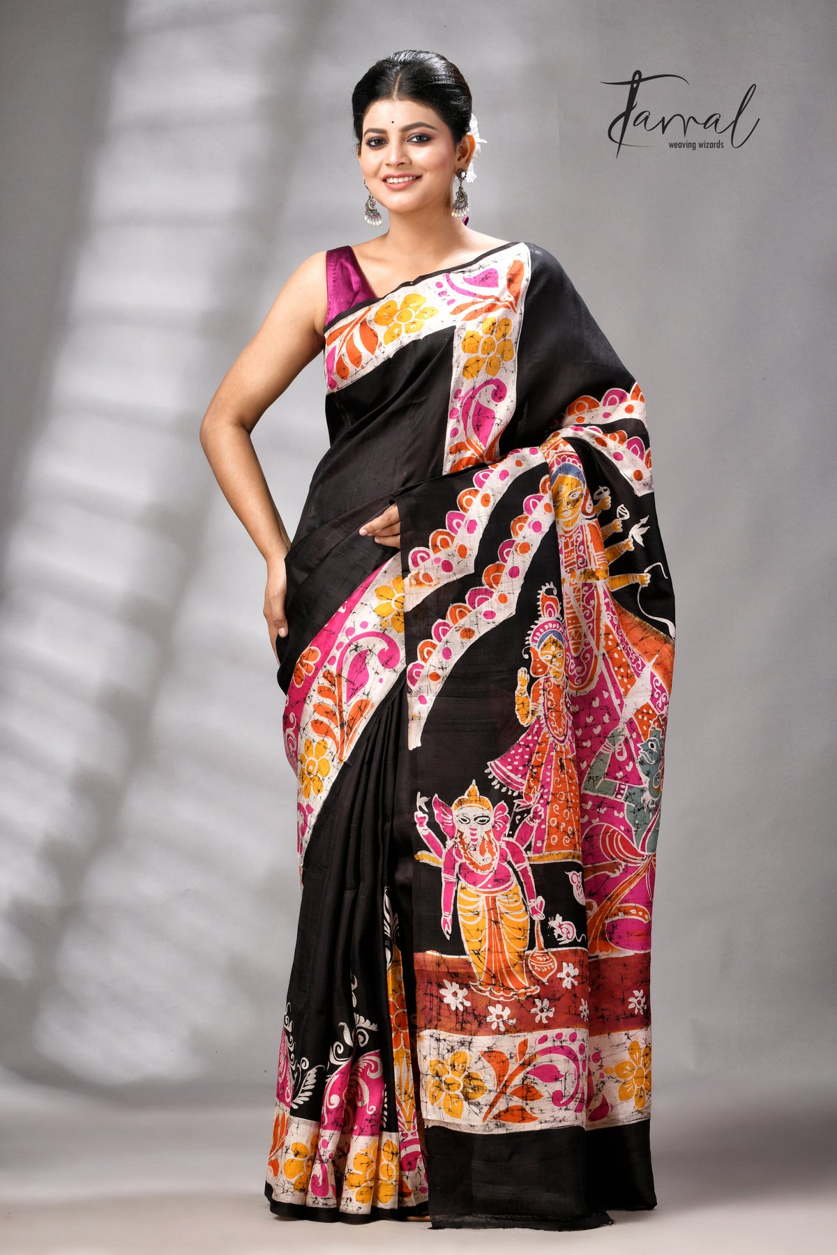 Black Handcrafted Wax Batik Maa Durga Theme Pure Silk Saree