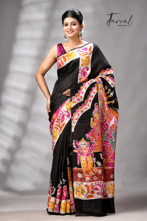 Black Handcrafted Wax Batik Maa Durga Theme Pure Silk Saree