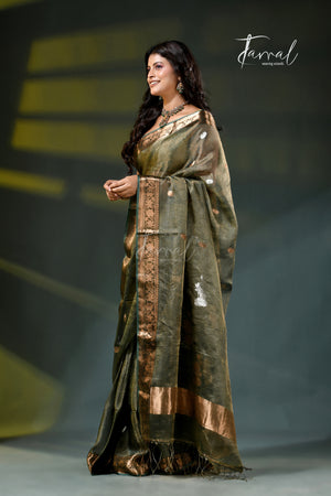 Alive green with golden zari border pure tissue muslin silk handloom jamdani saree