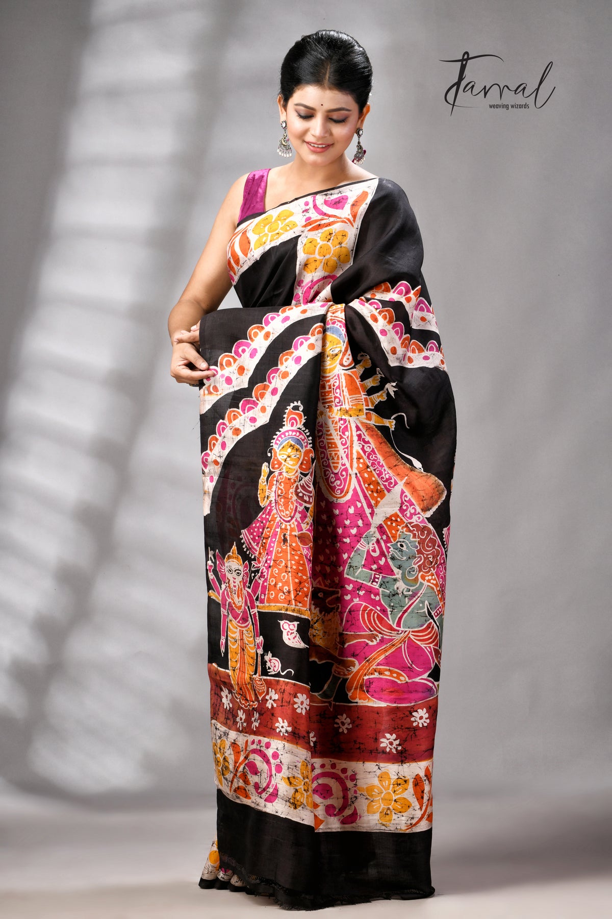 Black Handcrafted Wax Batik Maa Durga Theme Pure Silk Saree
