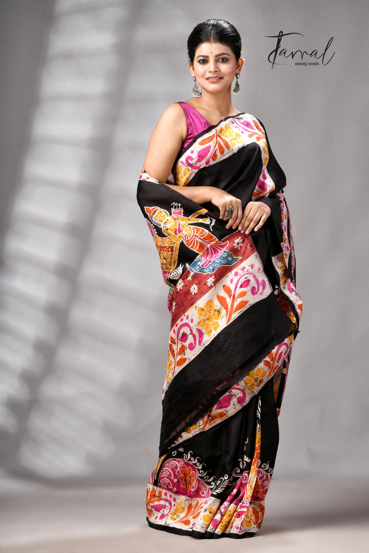 Black Handcrafted Wax Batik Maa Durga Theme Pure Silk Saree