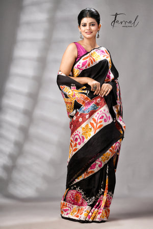 Black Handcrafted Wax Batik Maa Durga Theme Pure Silk Saree