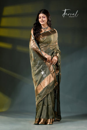 Alive green with golden zari border pure tissue muslin silk handloom jamdani saree