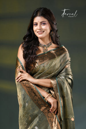 Alive green with golden zari border pure tissue muslin silk handloom jamdani saree