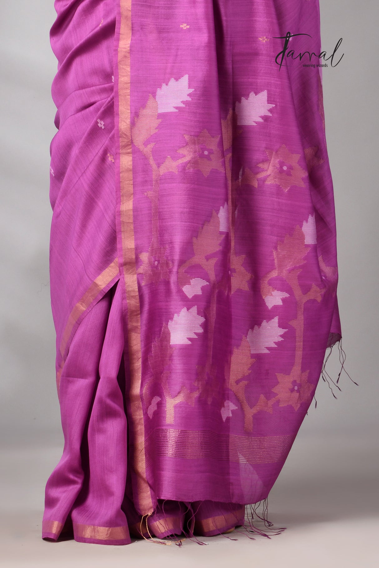 Magenta with zari border mulberry silk handwoven jamdani saree